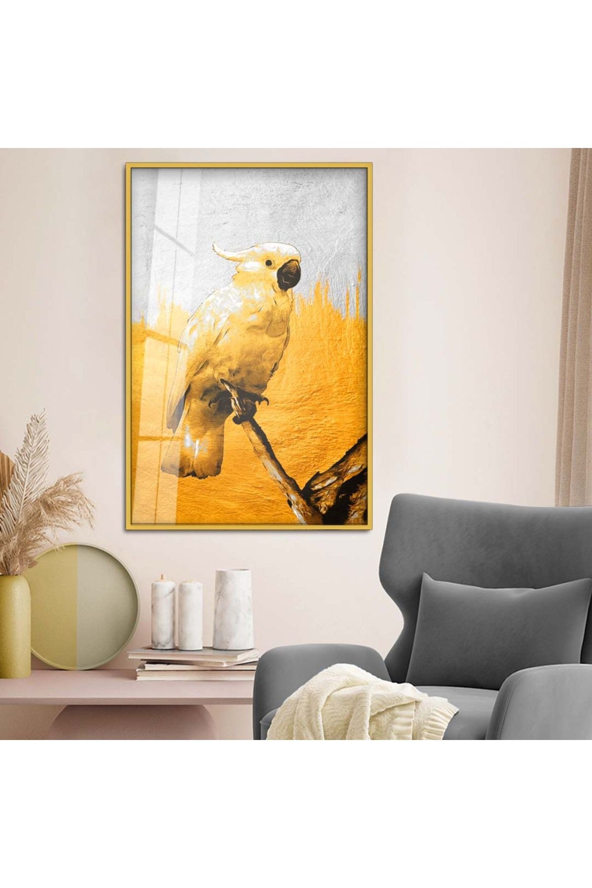 Gold Metal Çerçeveli Modern Çizim Papağan Figür Kırılmaz Cam Tablo