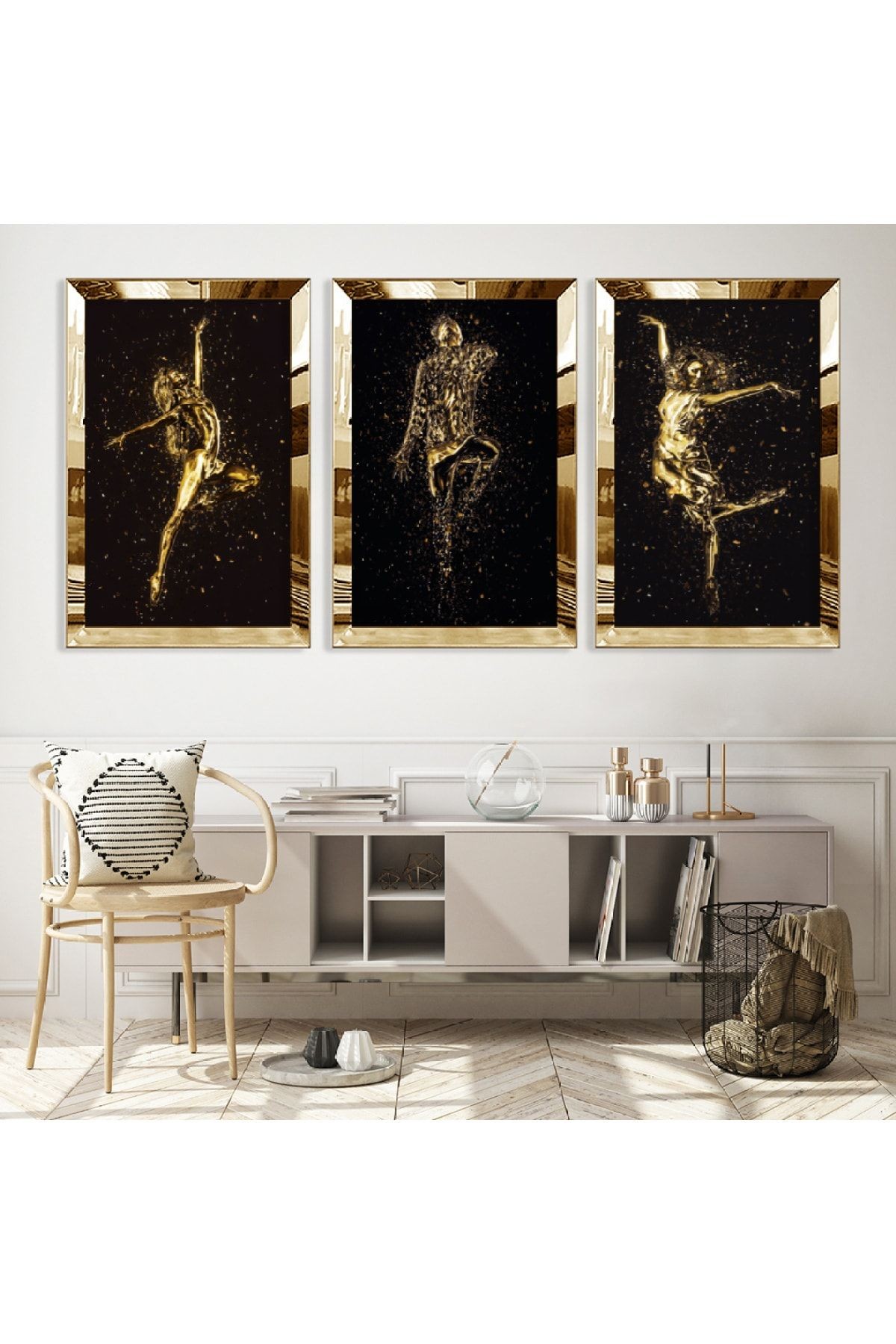 Gold Aynalı Pleksi Çerçeveli Sanat Modern Üçlü Mdf Tablo Seti