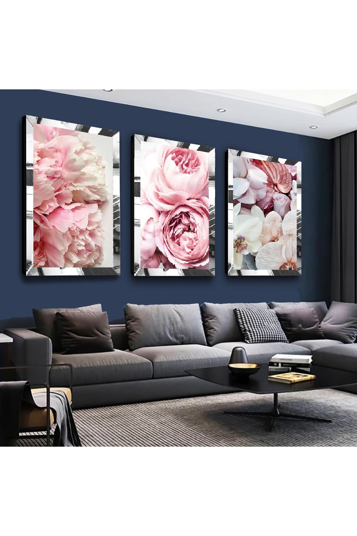 Pembe Güller Gold Pleksi Kenar 3'Lü Solmaz MDF Tablo Seti