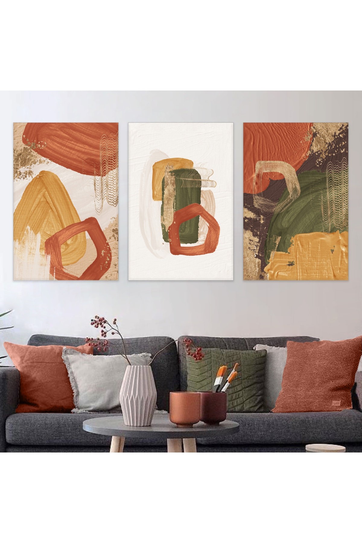 Sanat Tablosu Soyut Desen Boya 3'Lü Ahşap Şase Dijital Baskı Kanvas Tablo