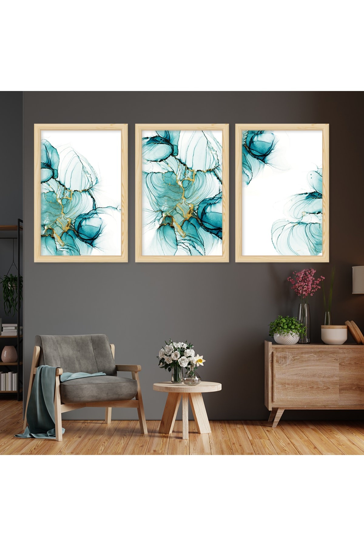 Sanat Tablosu Ahşap Çerçeveli Mavi Renk Modern Tablo