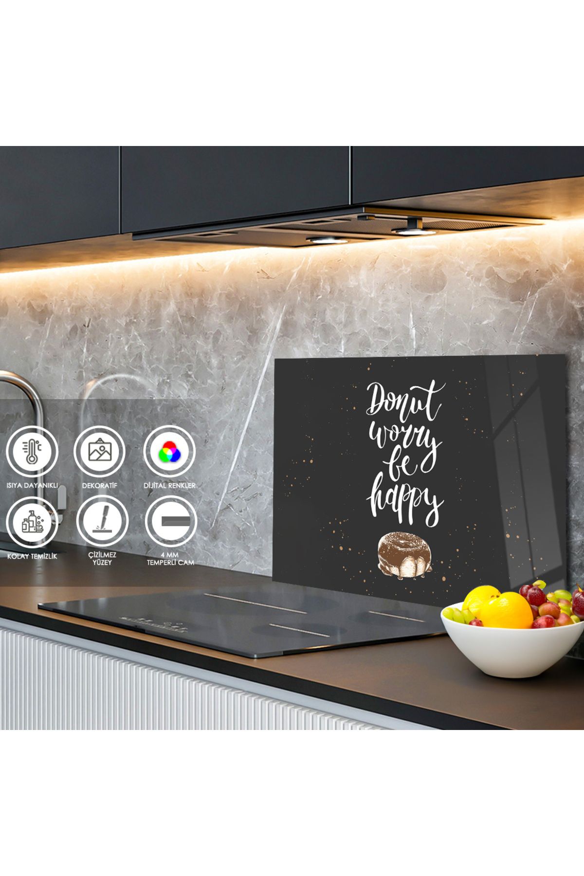 Ocak Arkası Temperli Cam "Donut Worry Be Happy" Yazılı