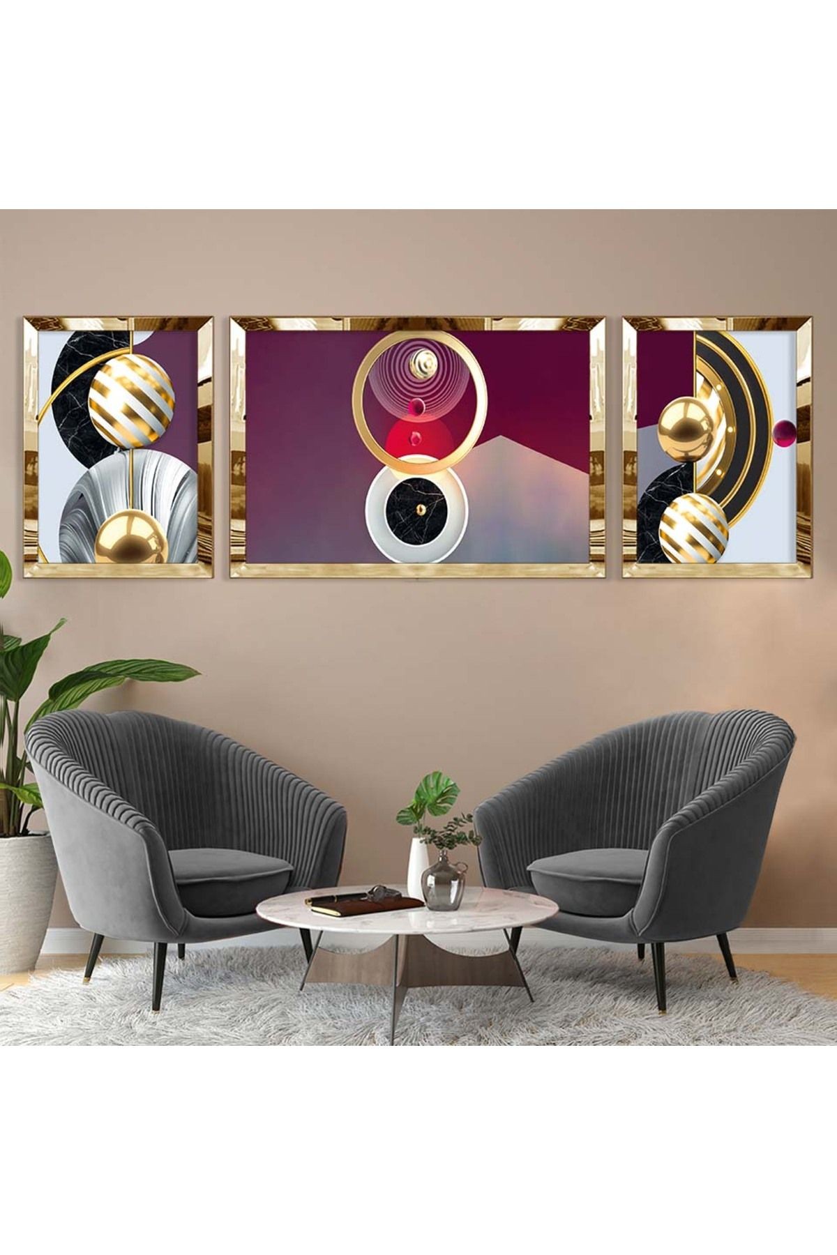 Gold Aynalı Pleksi Çerçeveli Üçlü Kırmızı Arka Planlı Gold Ve Beyaz Desenli Mdf Tablo Seti