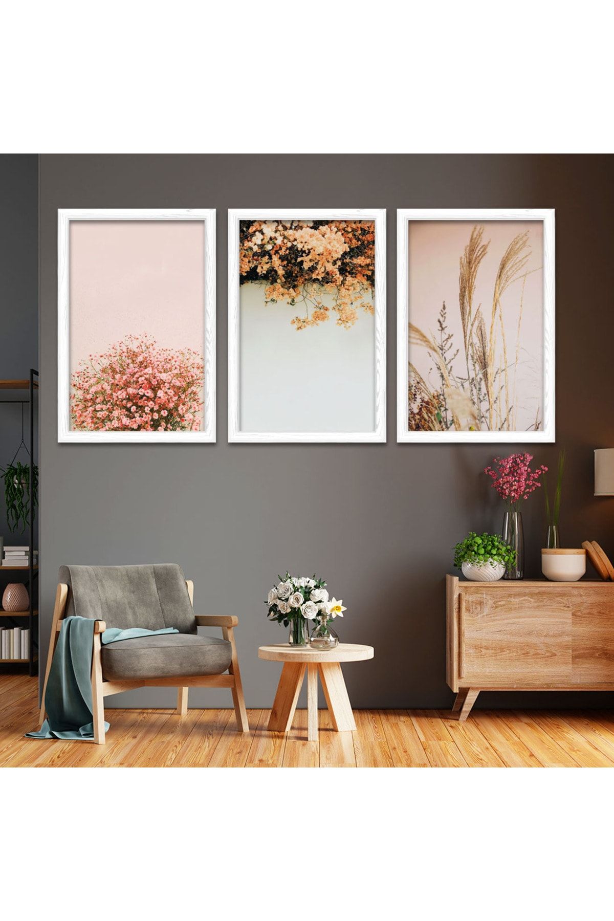 Beyaz Ahşap Çerçeveli Renkli Çiçekler Tablo