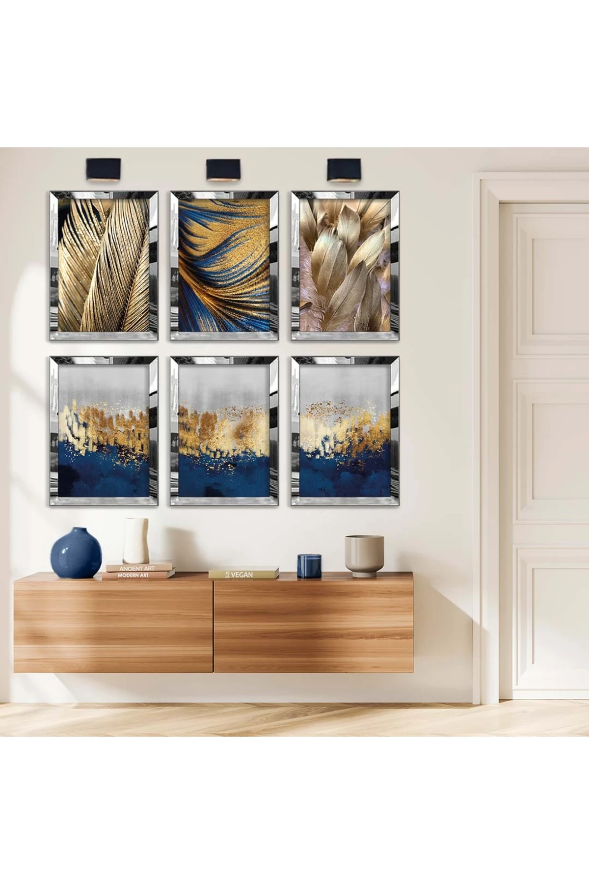 Kolaj Çizim Ve Gold Desen 6'Lı Pleksi Kenar Solmaz MDF Tablo Seti