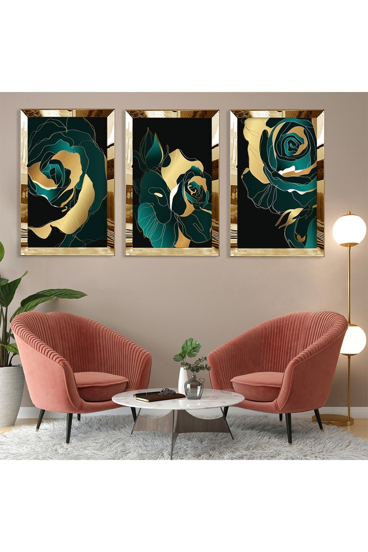 Soyut Desen Gül Gold Pleksi Kenar Üçlü Mdf Tablo Seti