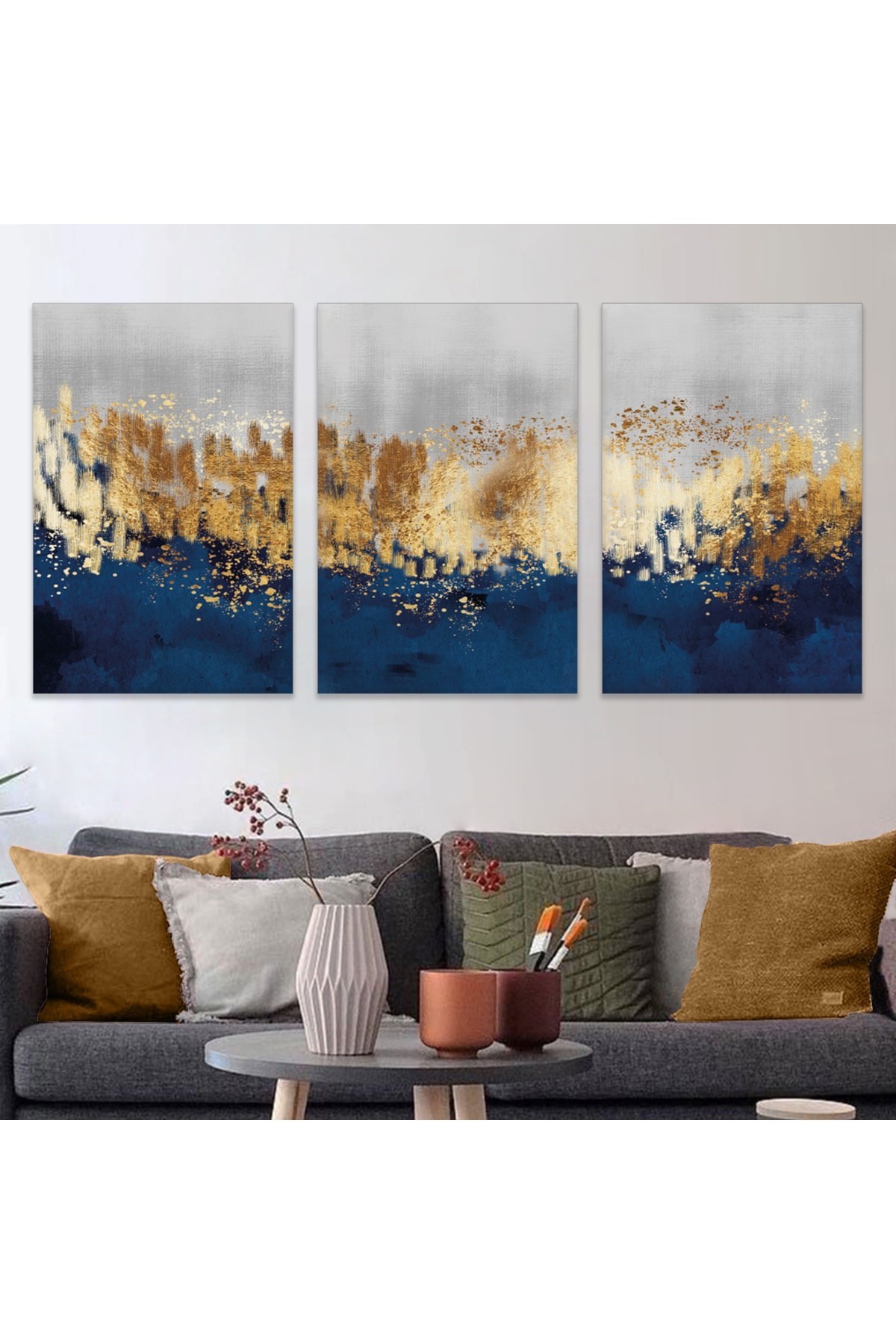 Minimal Minimalist Soyut Desen 3'Lü Ahşap Şase Dijital Baskı Kanvas Tablo