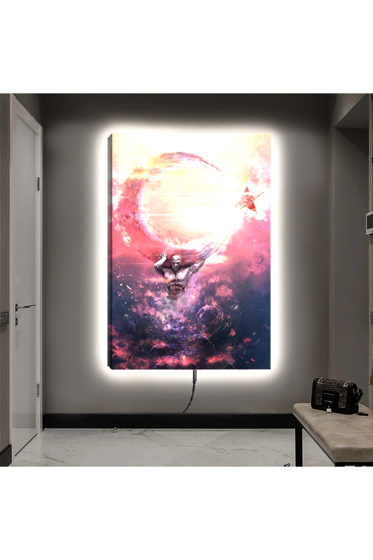 Oturma Odası Tablosu Ledli Ay Yıldız Ahşap Şase Dijital Baskı Kanvas Tablo 90X60Cm