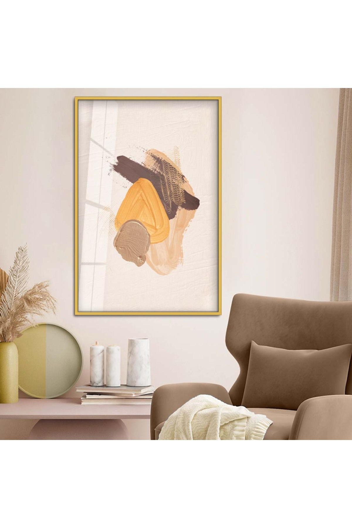 Gold Metal Çerçeveli Modern Çizim Soyut Tema Kırılmaz Cam Tablo