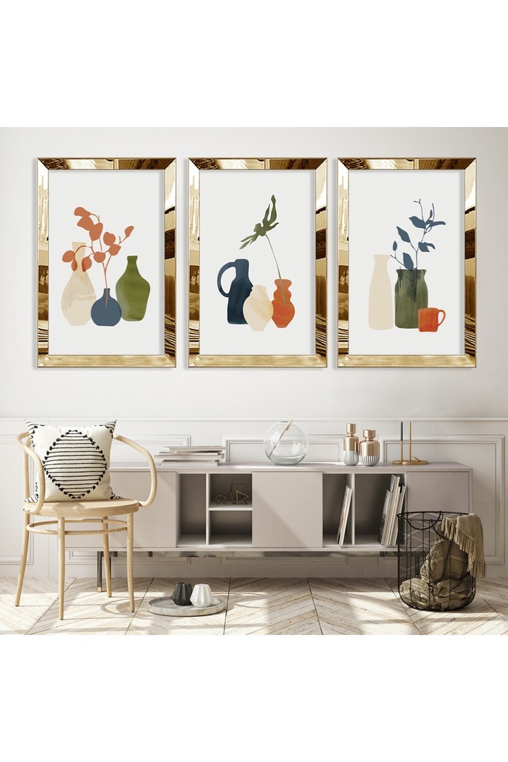 Salon Tablosu Minimalist Soyut Desen Gold Pleksi Kenar 3'Lü Solmaz MDF Tablo