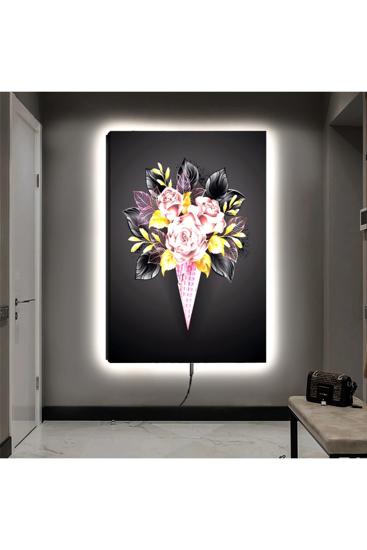Sanat Tablosu Ledli Çiçek Ahşap Şase Dijital Baskı Kanvas Tablo 90X60Cm
