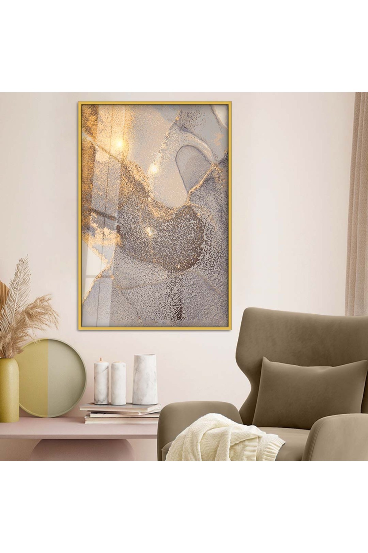 Renkli Salon Tablosu Soyut Tema Modern Çizim Metal Çerçeveli UV Baskı Kırılmaz Cam Tablo