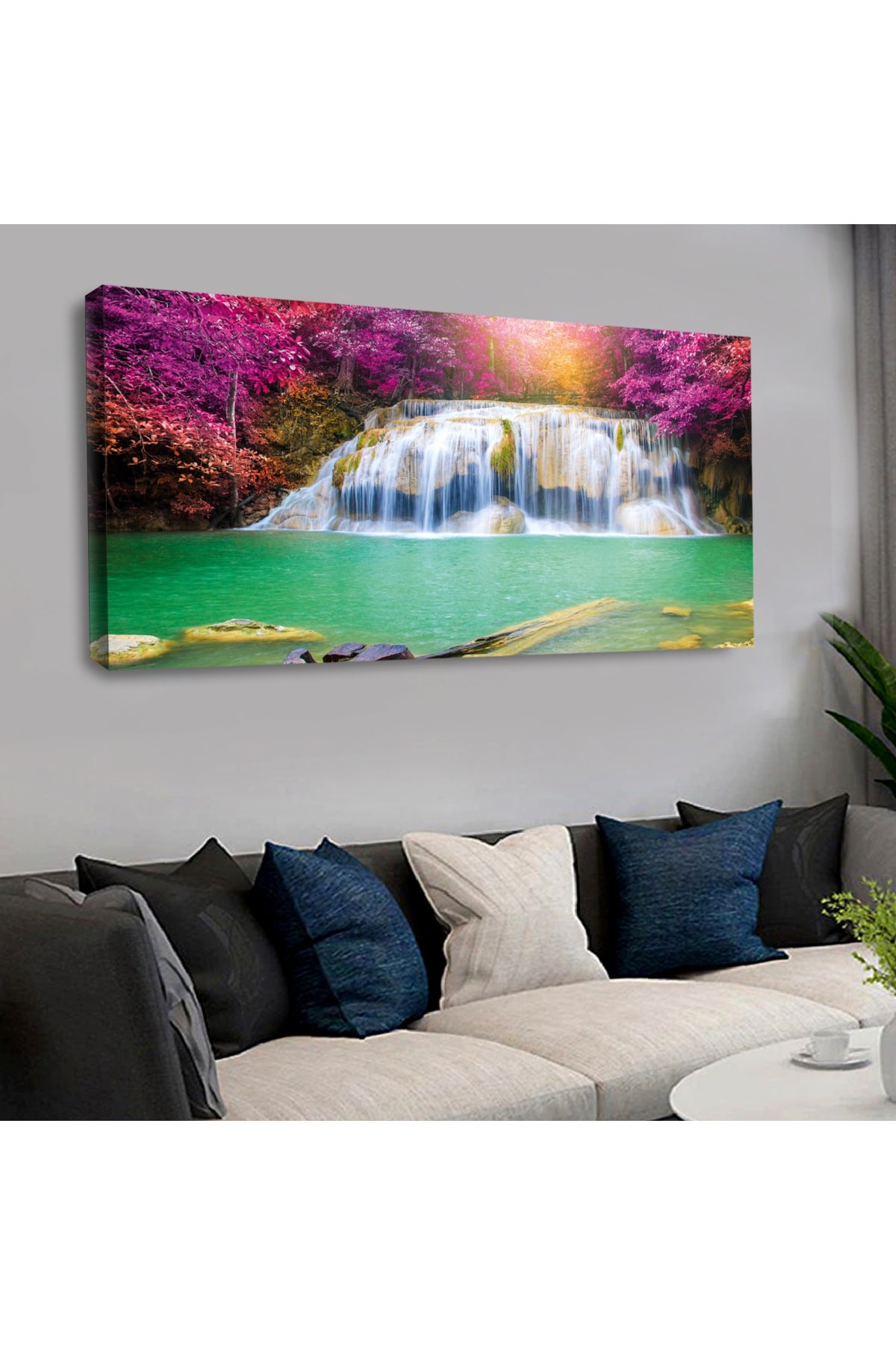 Ahşap Şase Dijital Baskı Kanvas Şelale Manzara Tablo 120X60Cm