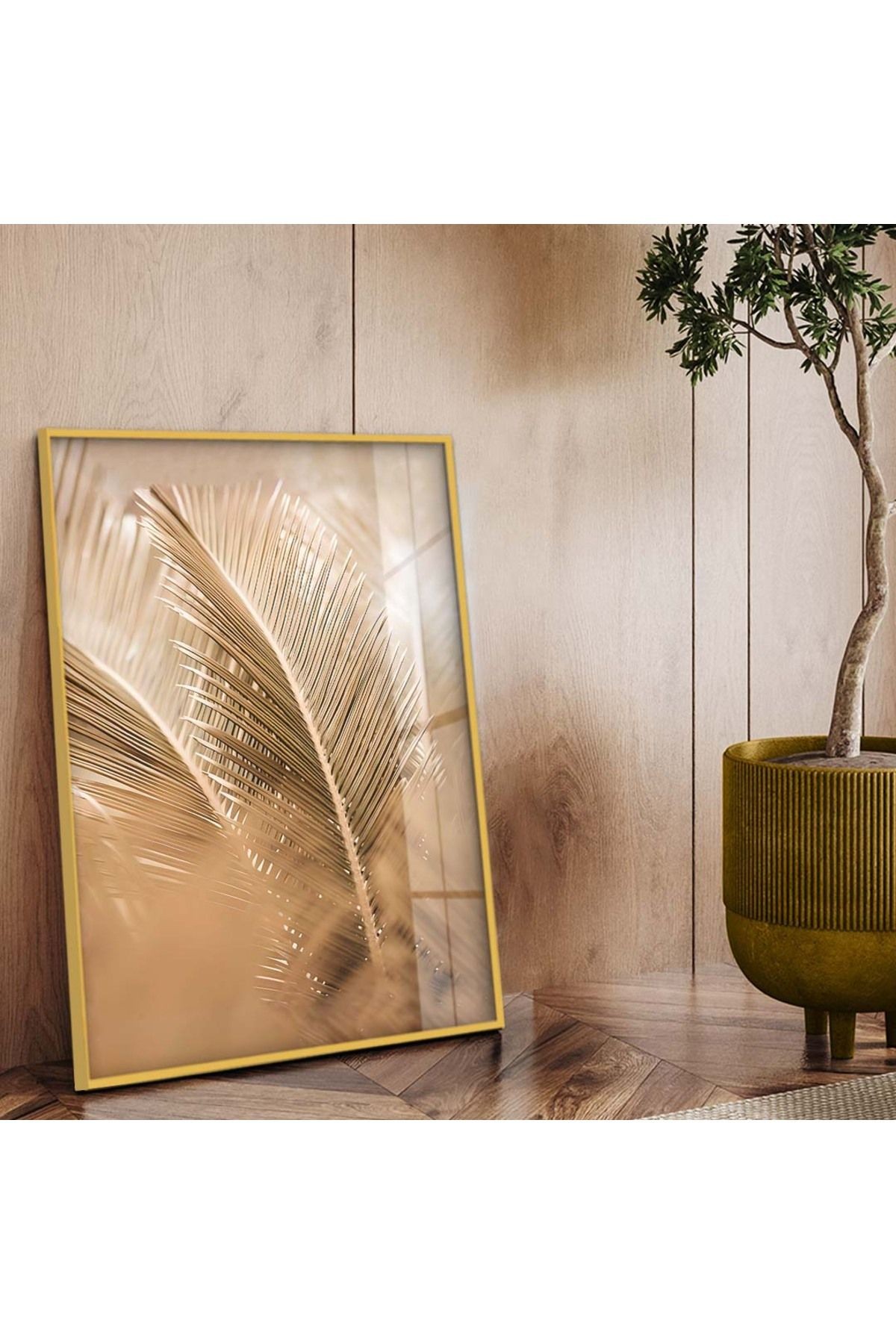 Gold Metal Çerçeveli Yaprak Desen Kırılmaz Cam Tablo
