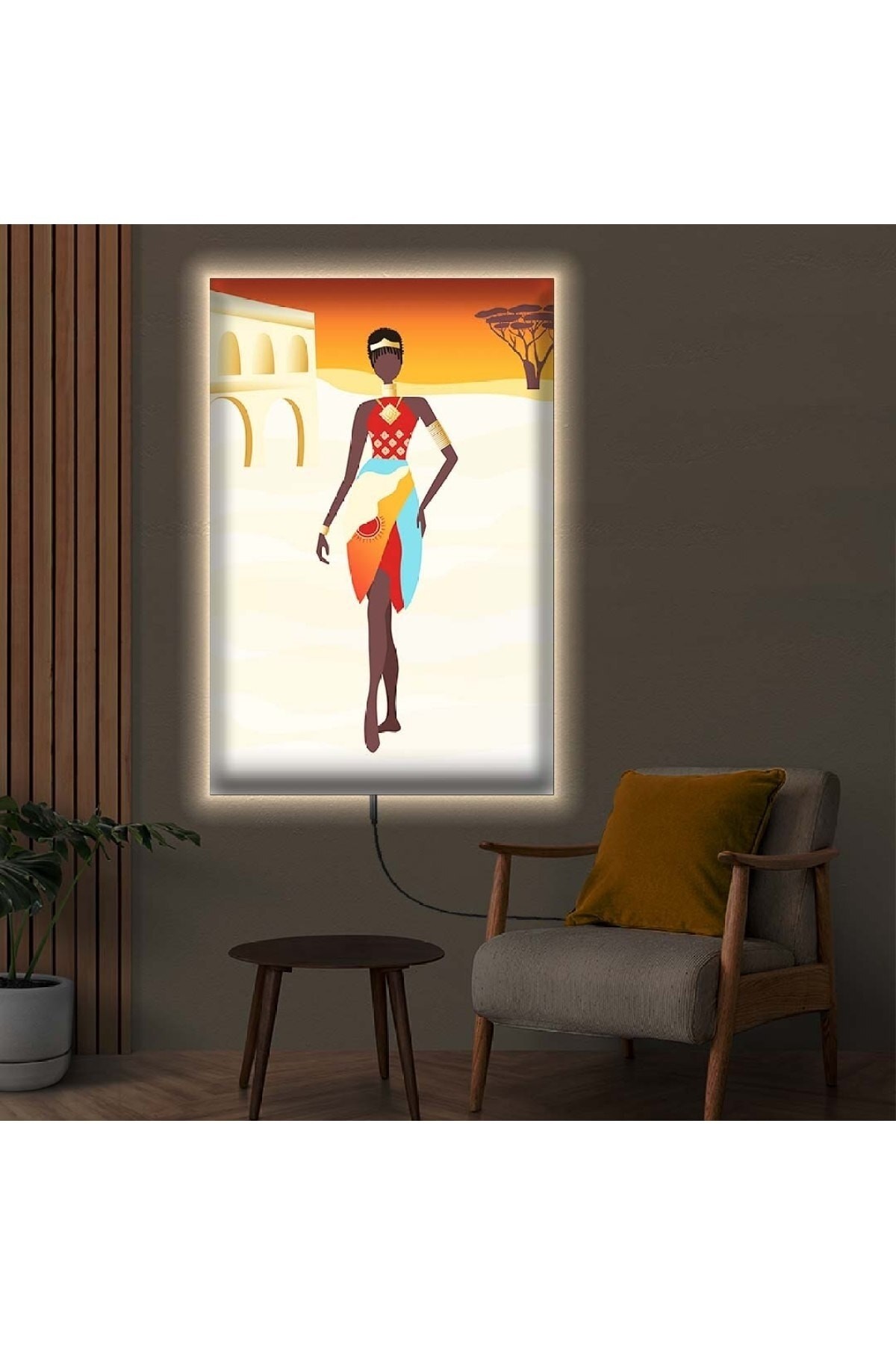 Ledli Kolaj Çizim Mısır Medeniyeti Ahşap Şase Dijital Baskı Kanvas Tablo 50X70Cm