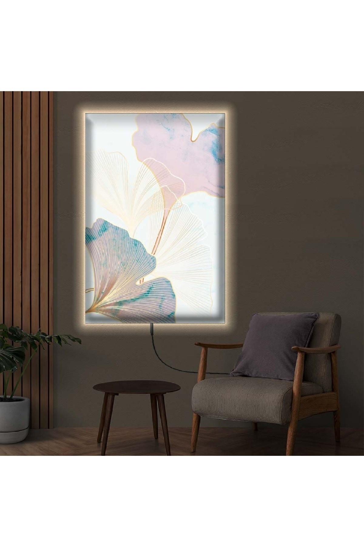 Ledli Kolaj Çizim Çiçek Ahşap Şase Dijital Baskı Kanvas Tablo 90X60Cm