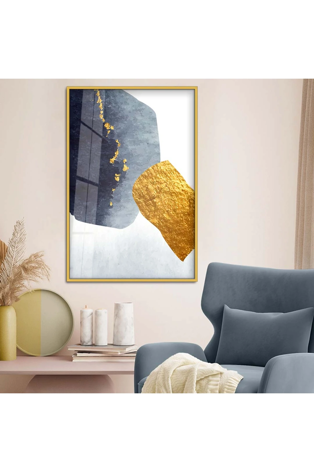 Oturma Odası Tablosu Tasarım Soyut Tema Modern Çizim Metal Çerçeveli UV Baskı Kırılmaz Cam Tablo