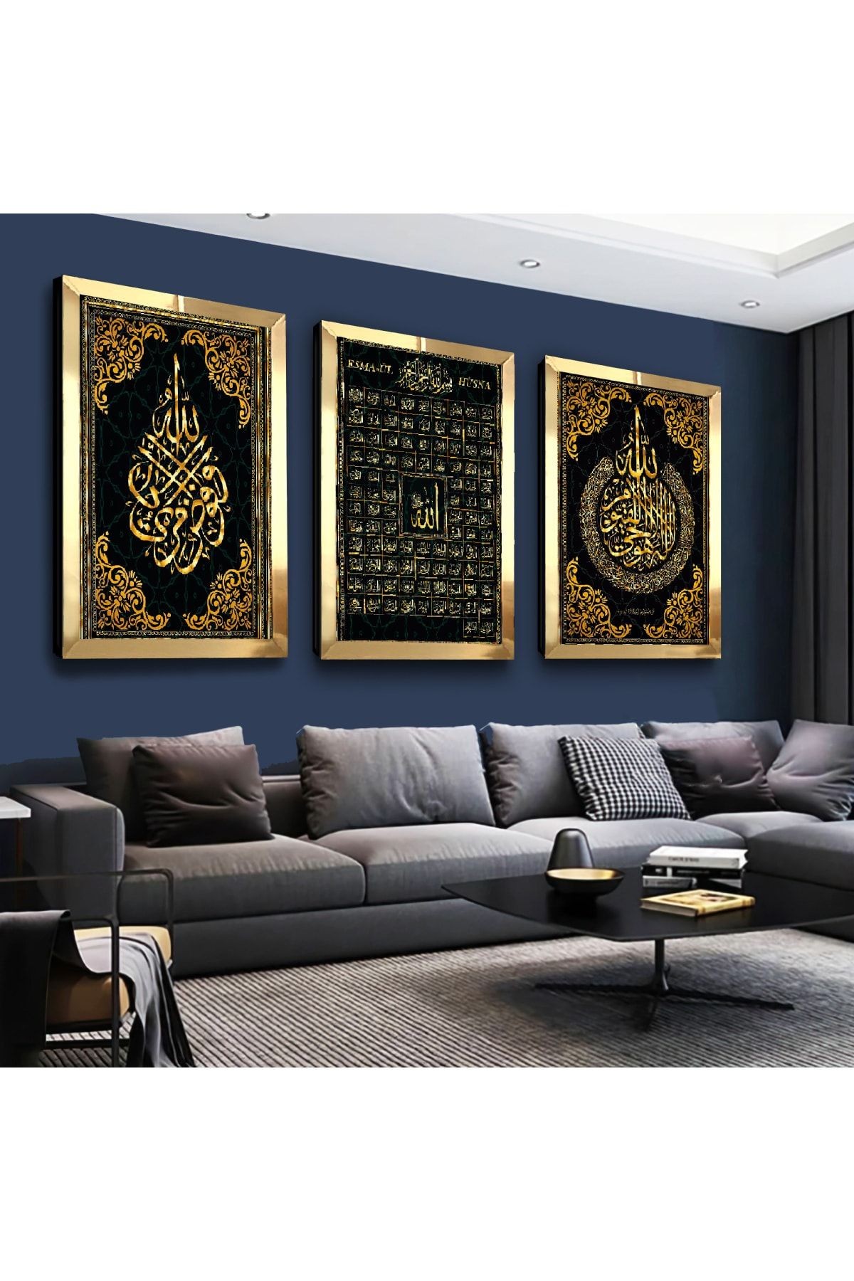 Gold Aynalı Pleksi Çerçeveli Esmaül Hüsna Dini Üçlü Mdf Tablo Seti