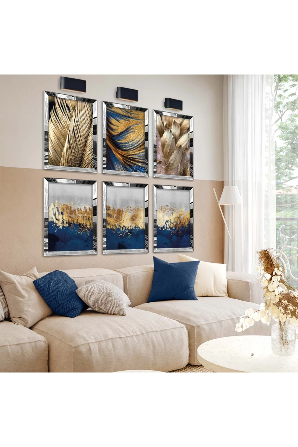 Kolaj Çizim Ve Gold Desen 6'Lı Pleksi Kenar Solmaz MDF Tablo Seti