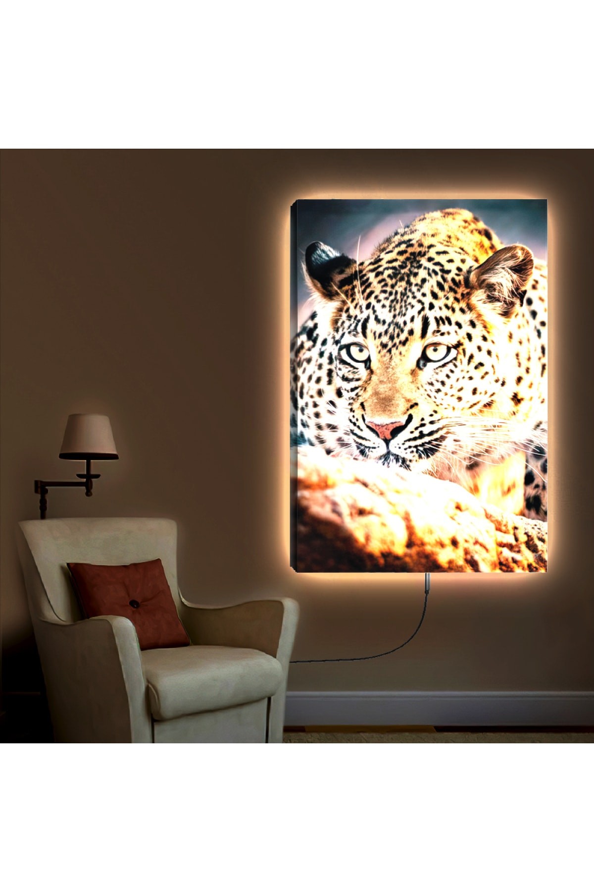 Minimal Ledli Hayvanlar Alemi Çita Ahşap Şase Dijital Baskı Kanvas Tablo 90X60Cm