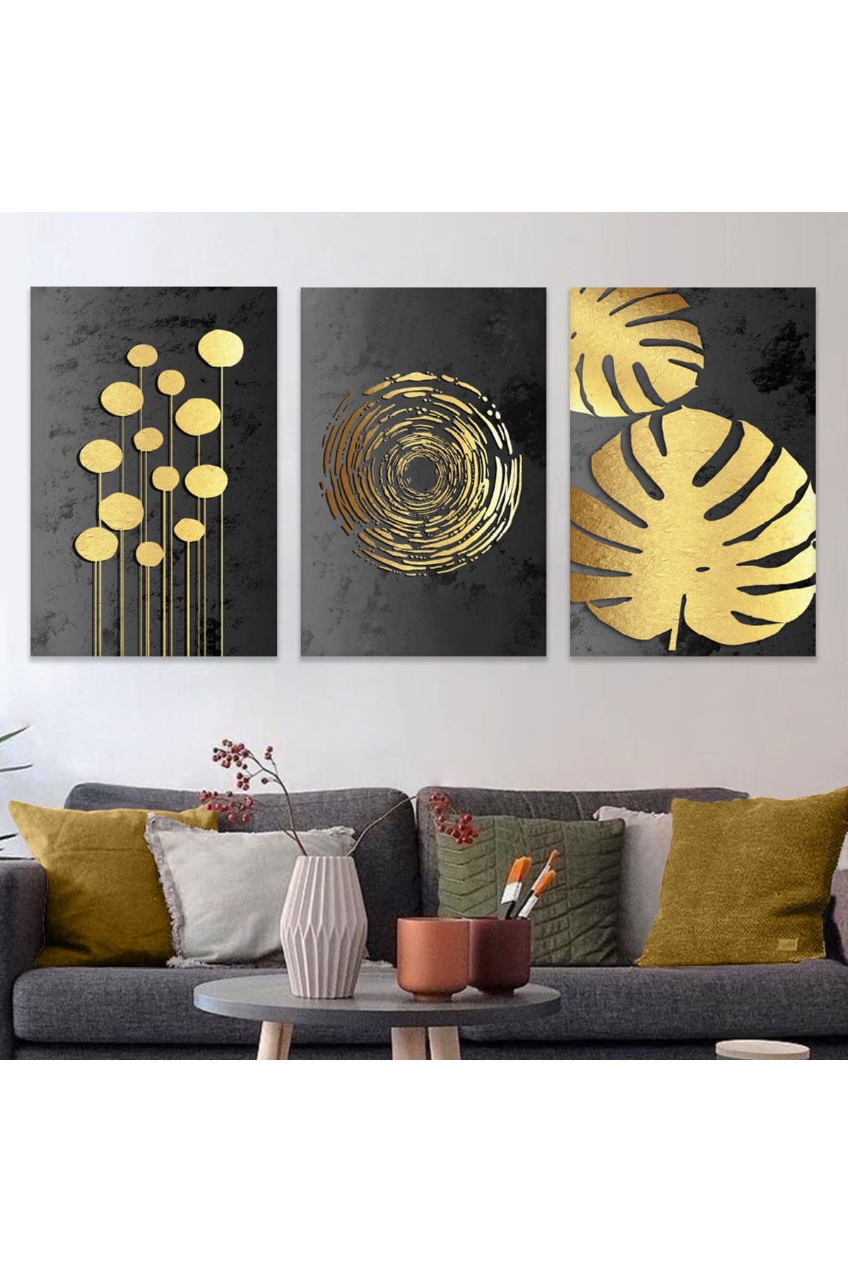 Minimalist Tablo Soyut Desen Yaprak 3'Lü Ahşap Şase Dijital Baskı Kanvas Tablo