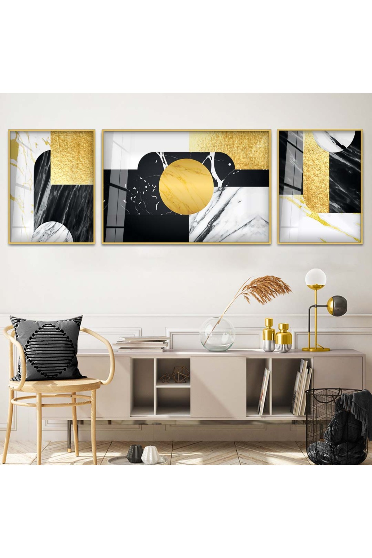 Modern Çizim Soyut 3'Lü Metal Çerçeveli UV Baskı Kırılmaz Cam Tablo