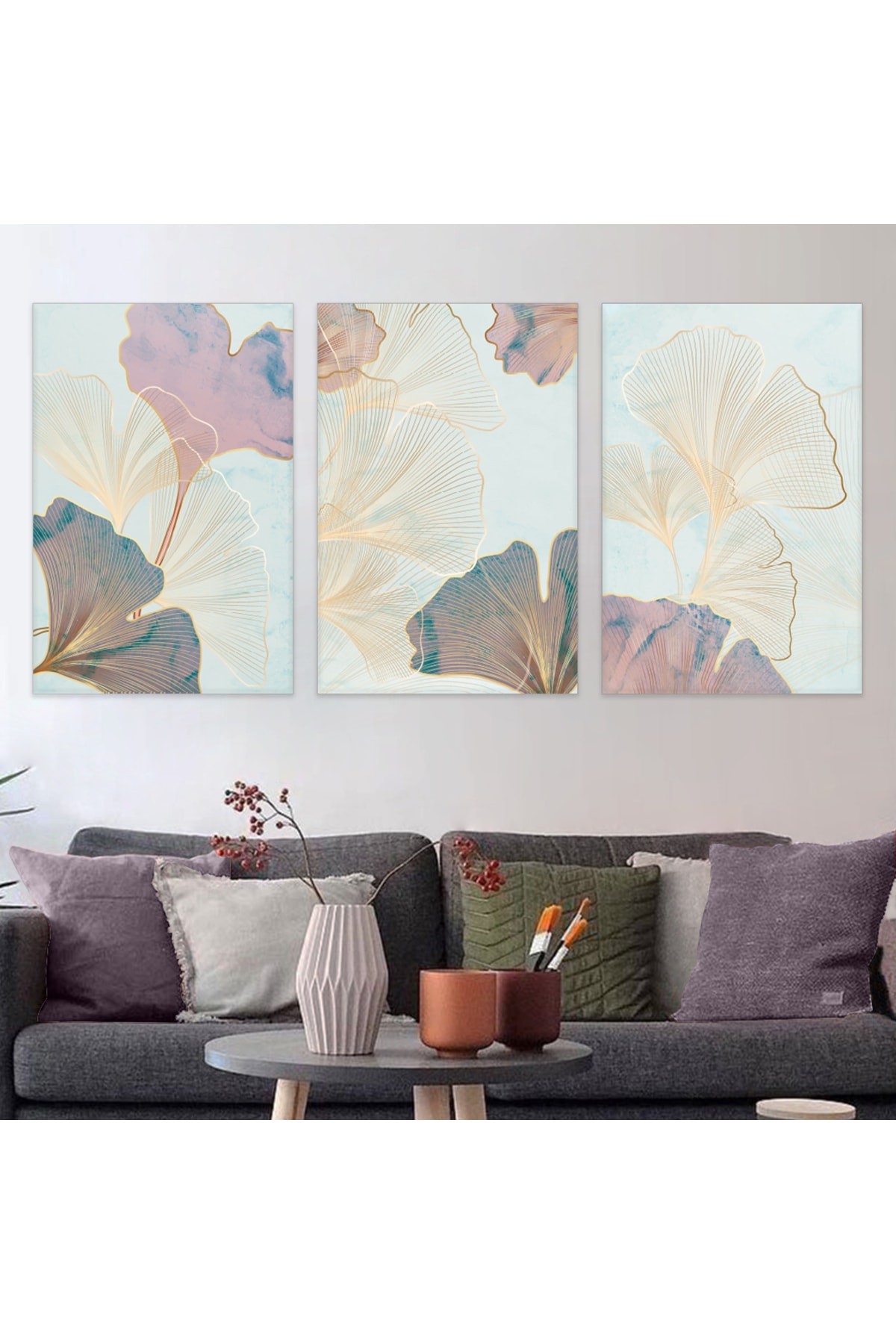 Özel Tasarım Minimalist Soyut Desen 3'Lü Ahşap Şase Dijital Baskı Kanvas Tablo