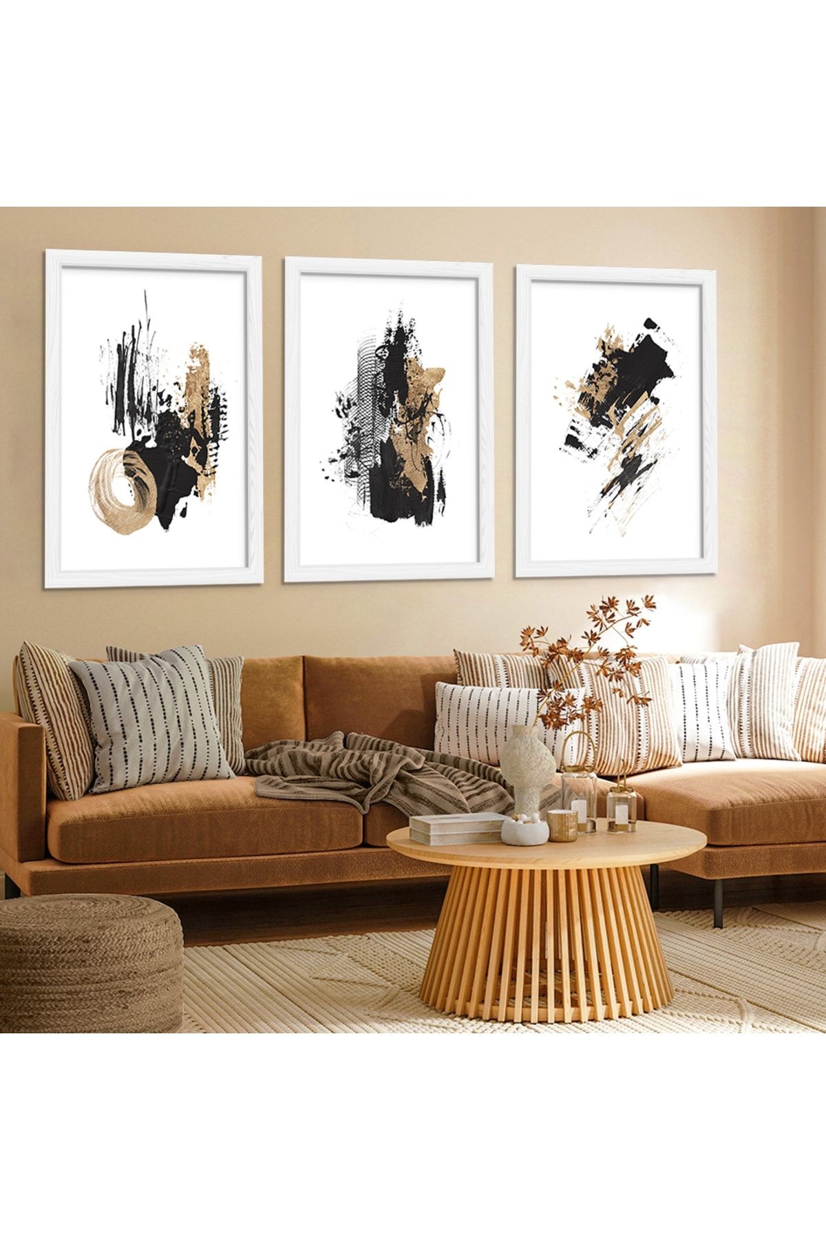 Beyaz Ahşap Çerçeveli Kolaj Çizim Modern Tablo