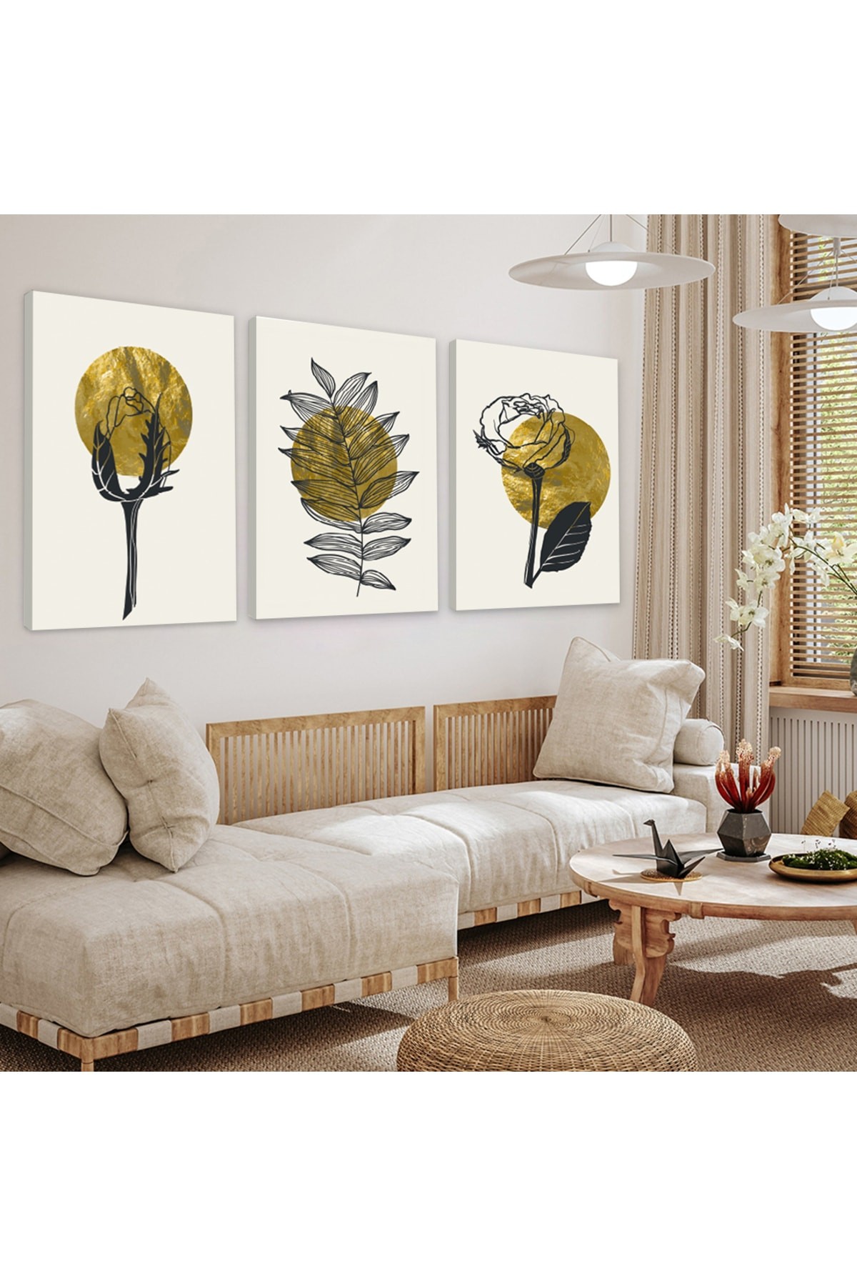 Modern Çiçek Soyut Desen 3'Lü Ahşap Şase Dijital Baskı Kanvas Tablo