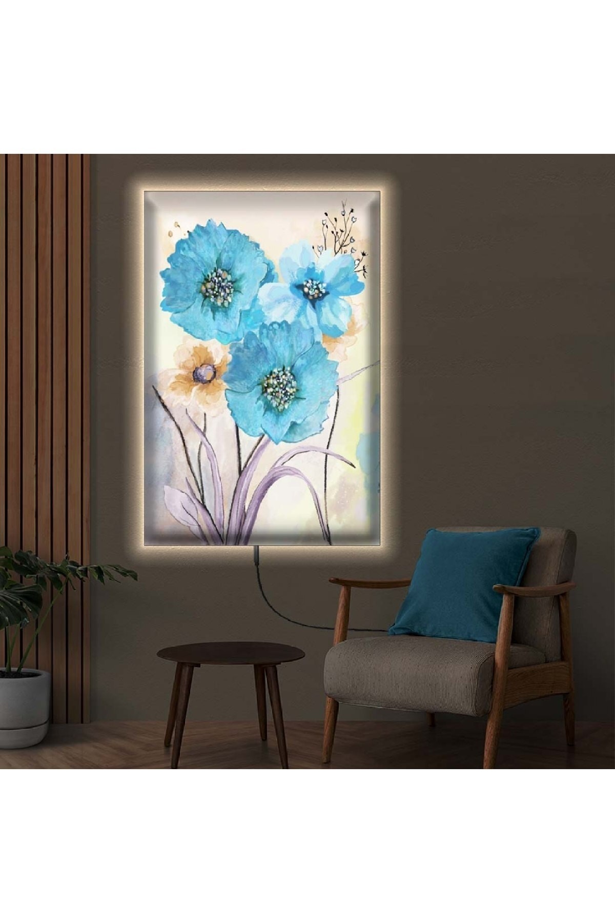 Renkli Ledli Çiçek Desen Ahşap Şase Dijital Baskı Kanvas Tablo 90X60Cm