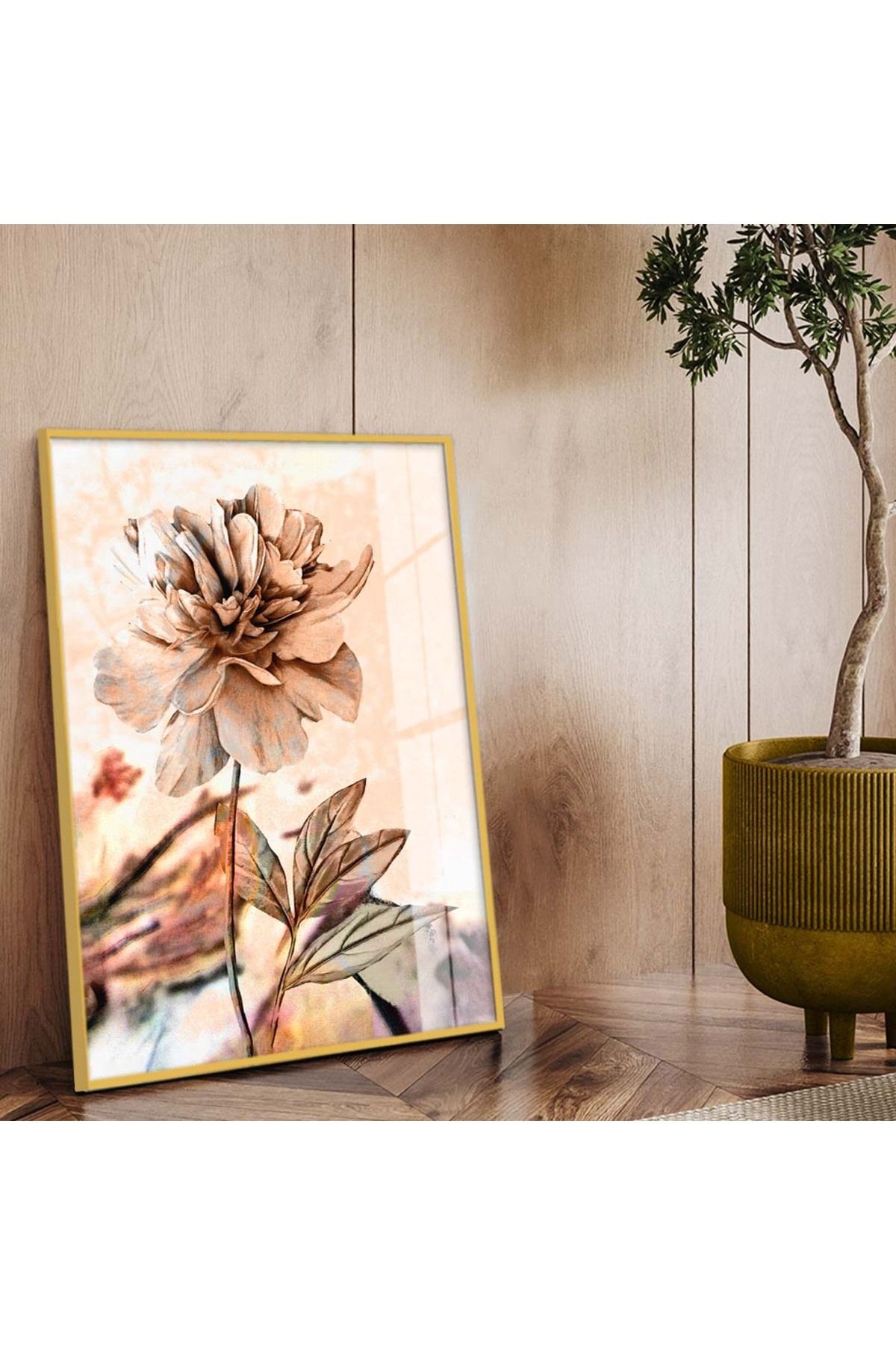 Gold Metal Çerçeveli Çiçek Desen Modern Çizim Kırılmaz Cam Tablo