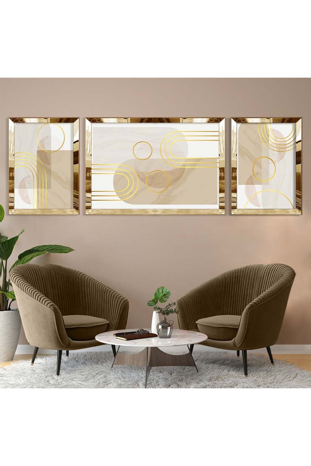 Gold Aynalı Pleksi Çerçeveli Üçlü Beyaz Gri Arka Planlı Gold Desenli Soyut Mdf Tablo Seti