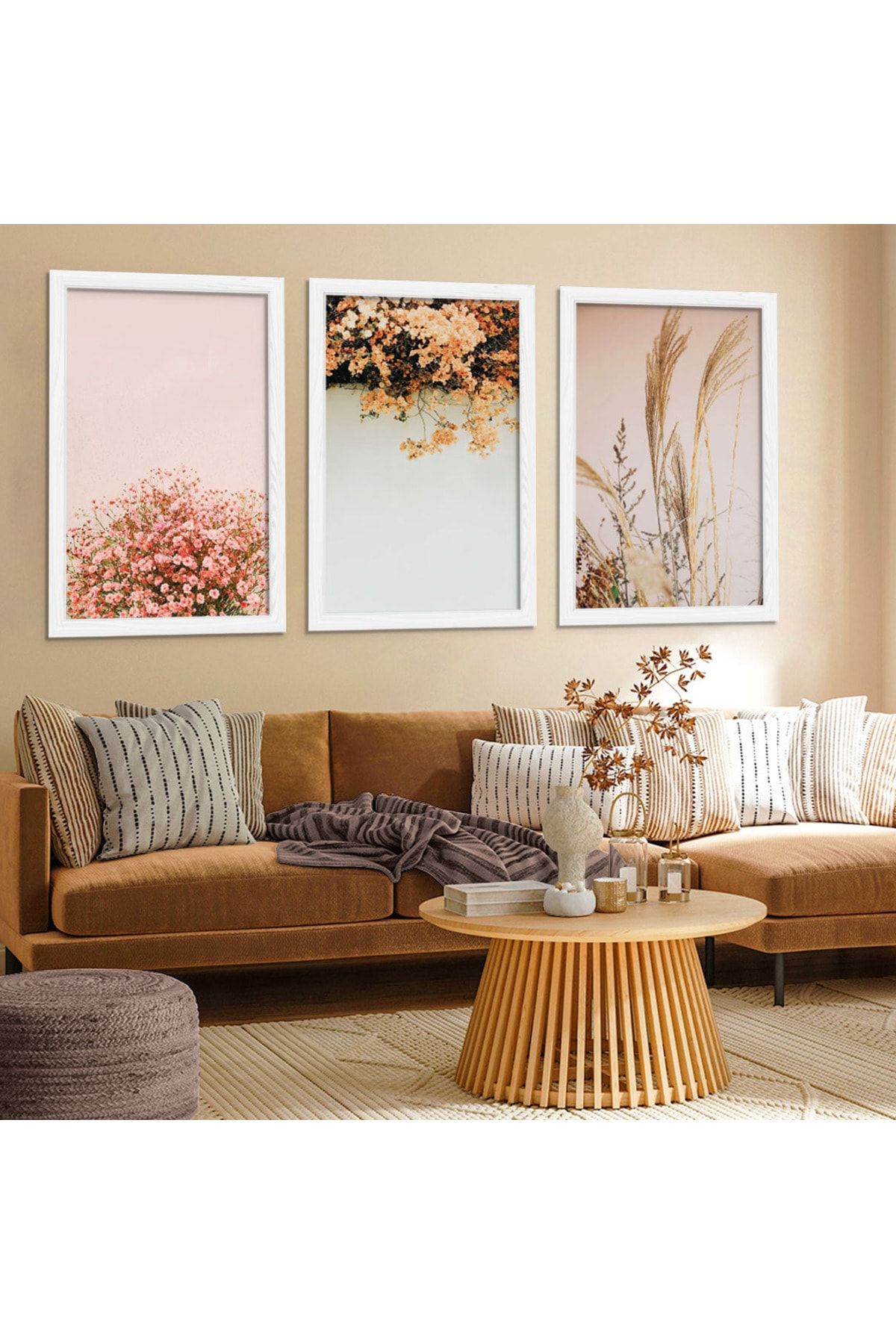 Beyaz Ahşap Çerçeveli Renkli Çiçekler Tablo