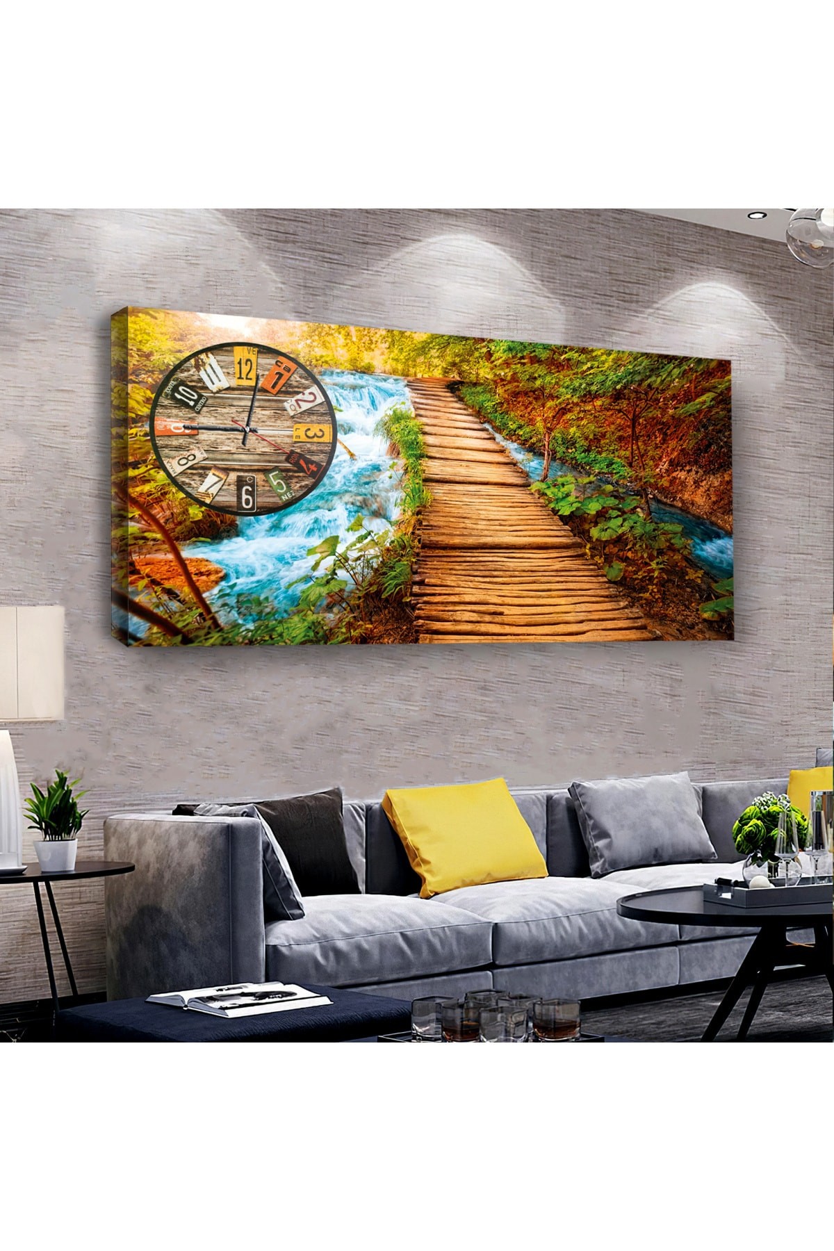 Akarsu Kenarı Tablo saatliAhşap Şase Dijital Baskı Kanvas Tablo 100X50Cm