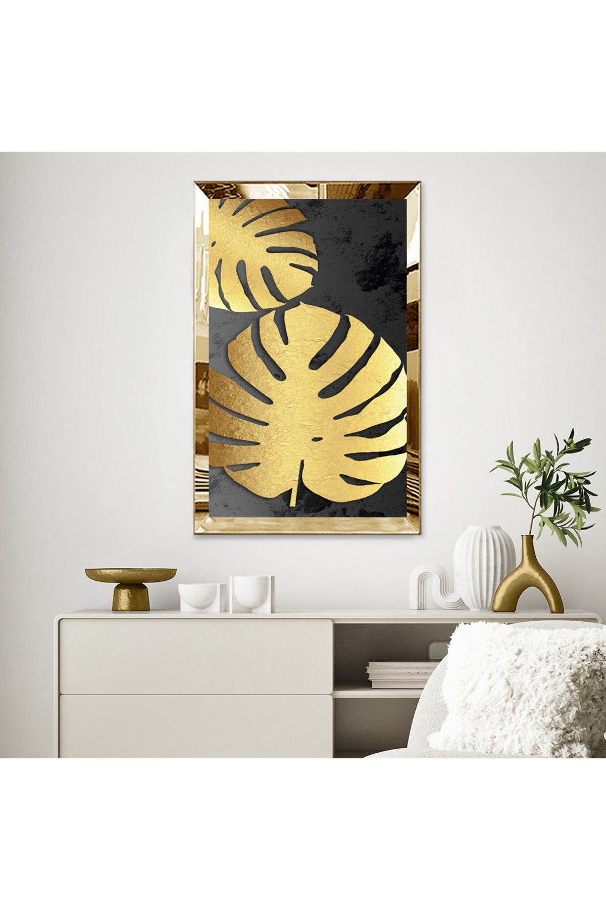 Gold Aynalı Pleksi Çerçeveli Altın Renkli Modern Çiçek Mdf Tablo