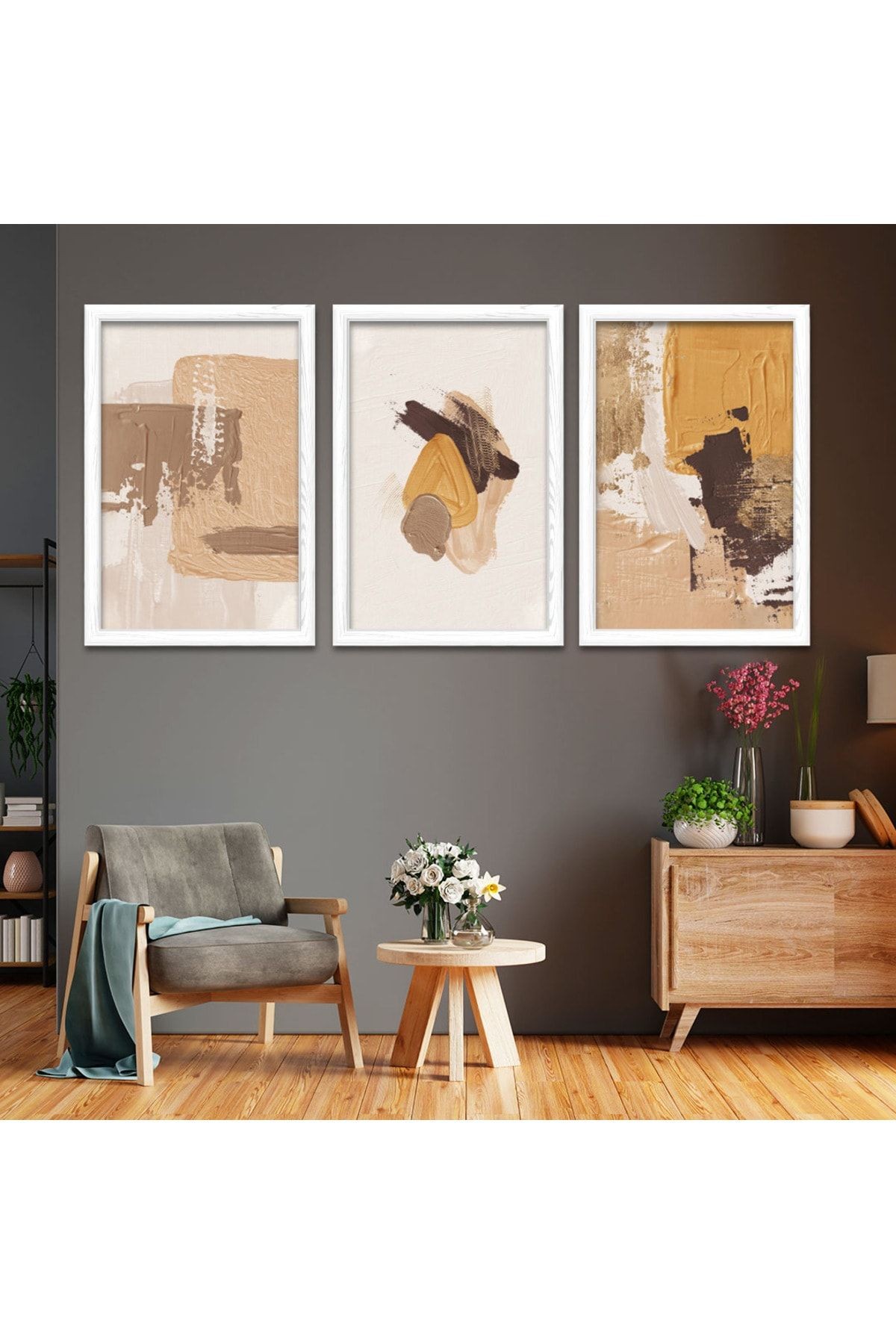Beyaz Ahşap Çerçeveli Kolaj Çizim Modern Tablo