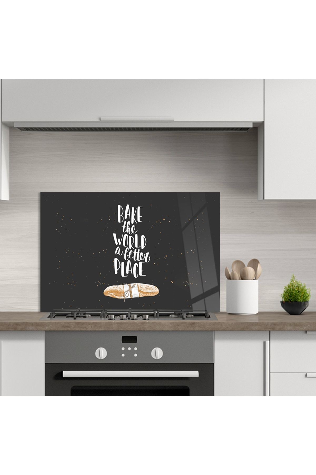 Ocak Arkası Temperli Cam "Bake The World A Better Place" Yazılı
