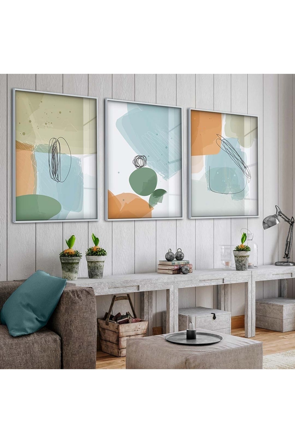 Minimalist Soyut Desen 3'Lü Metal Çerçeveli UV Baskı Kırılmaz Cam Tablo Seti