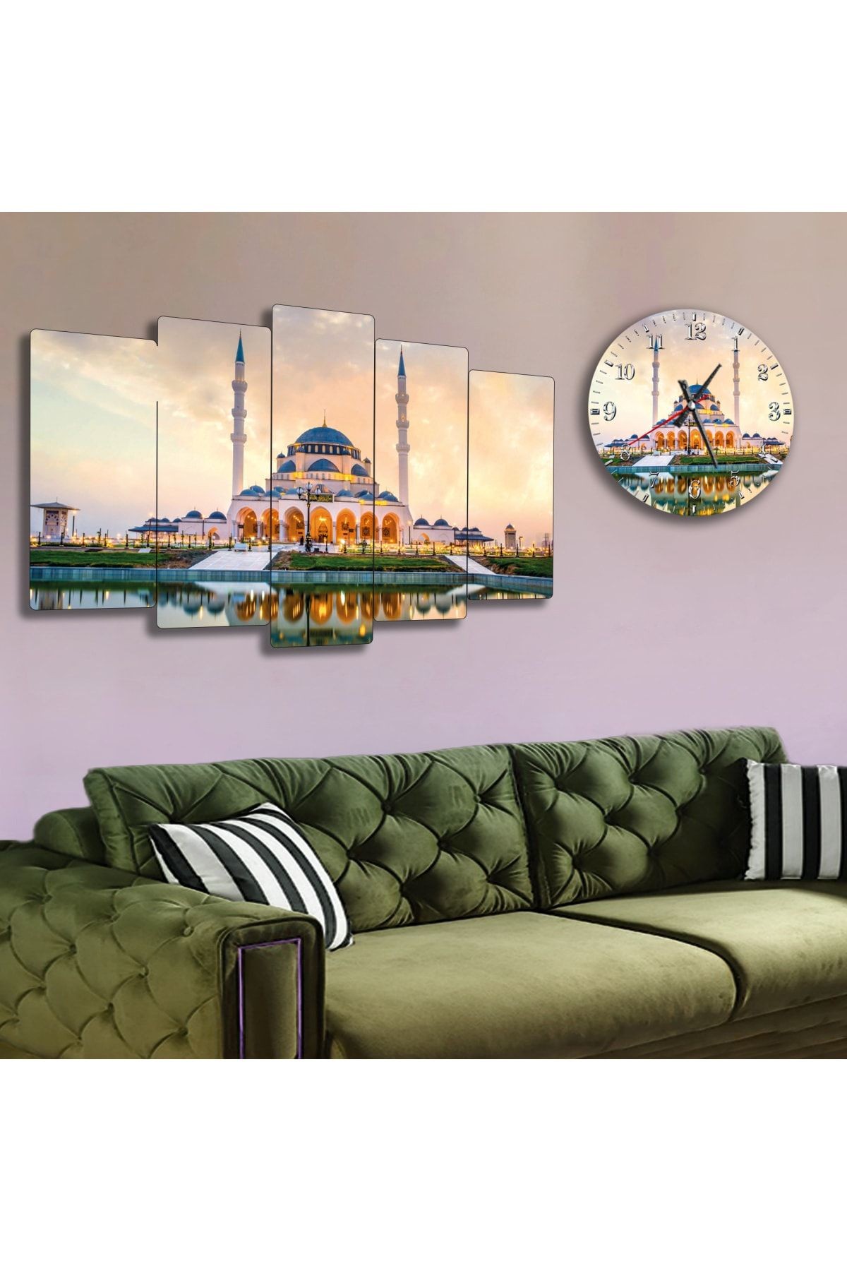 Altılı Mdf Göl Yansımalı Sarı Işıklandırmalı Cami Saatli Tablo Seti