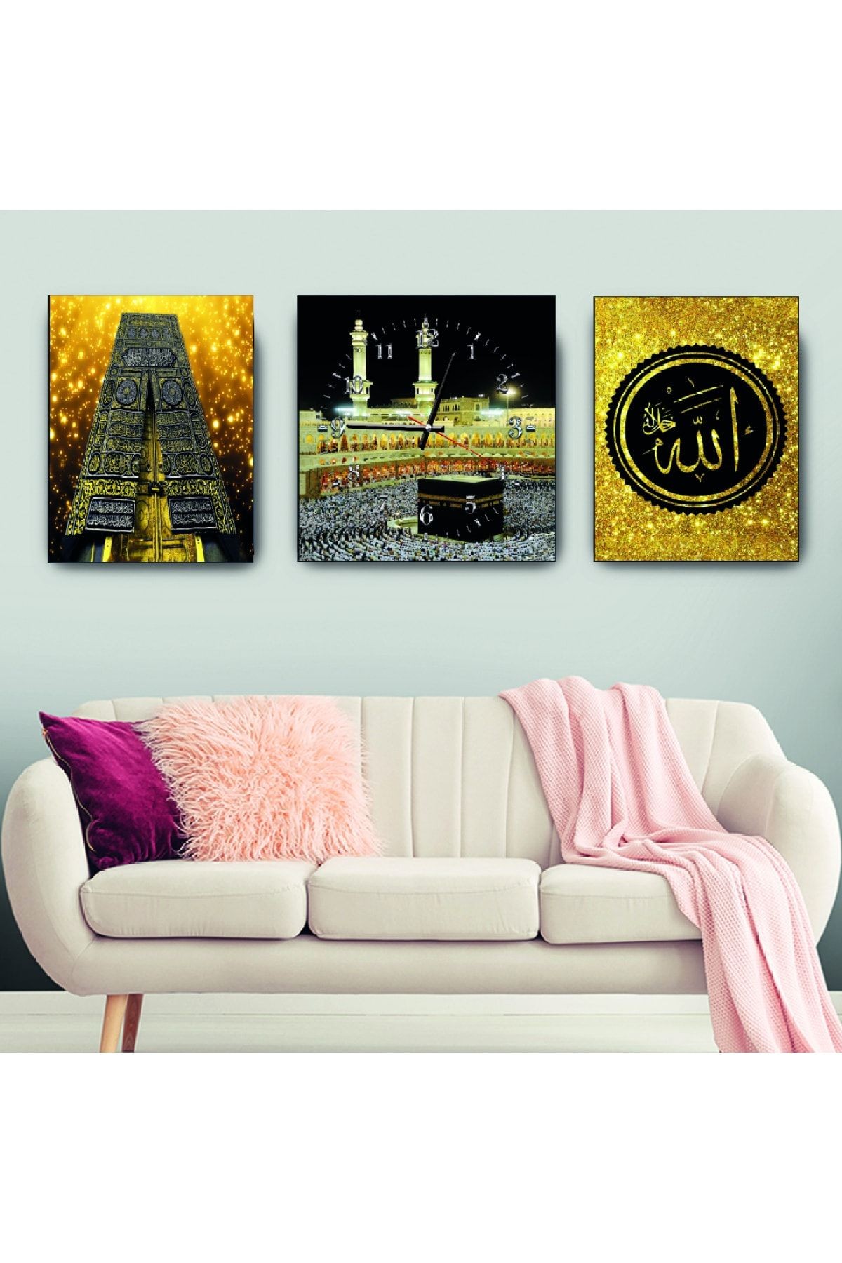 Kabe Kapısı Ve Allah Lafzı Mdf Tablo Ve Saat Kombin
