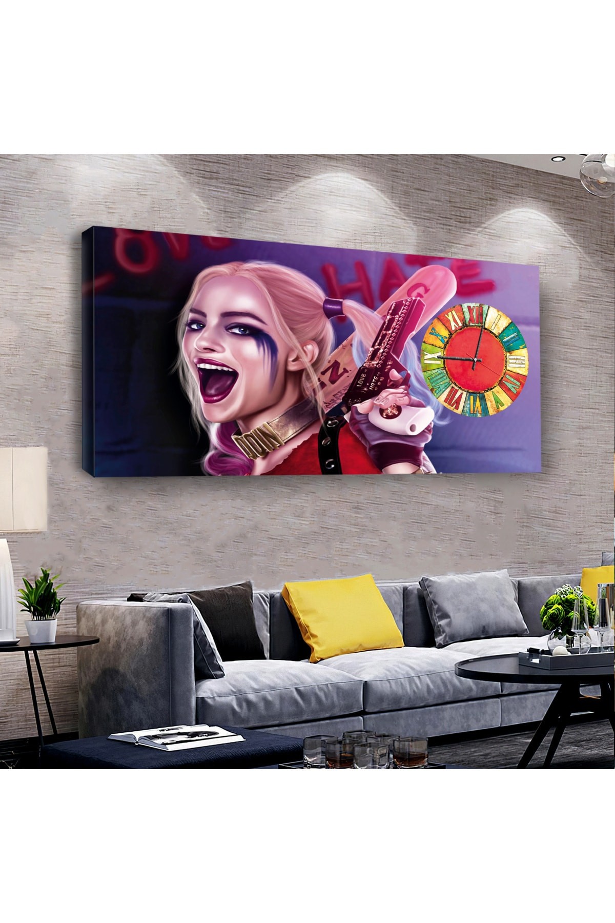 Harley Quin saatliAhşap Şase Dijital Baskı Kanvas Tablo 120X60Cm