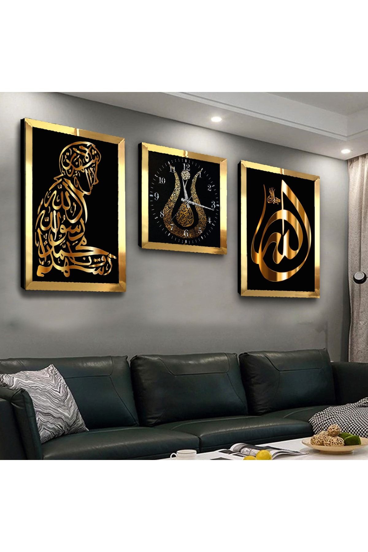Gold Aynalı Pleksi Çerçeveli Dini Motifli Üçlü Mdf Tablo Seti Ve Saat Seti