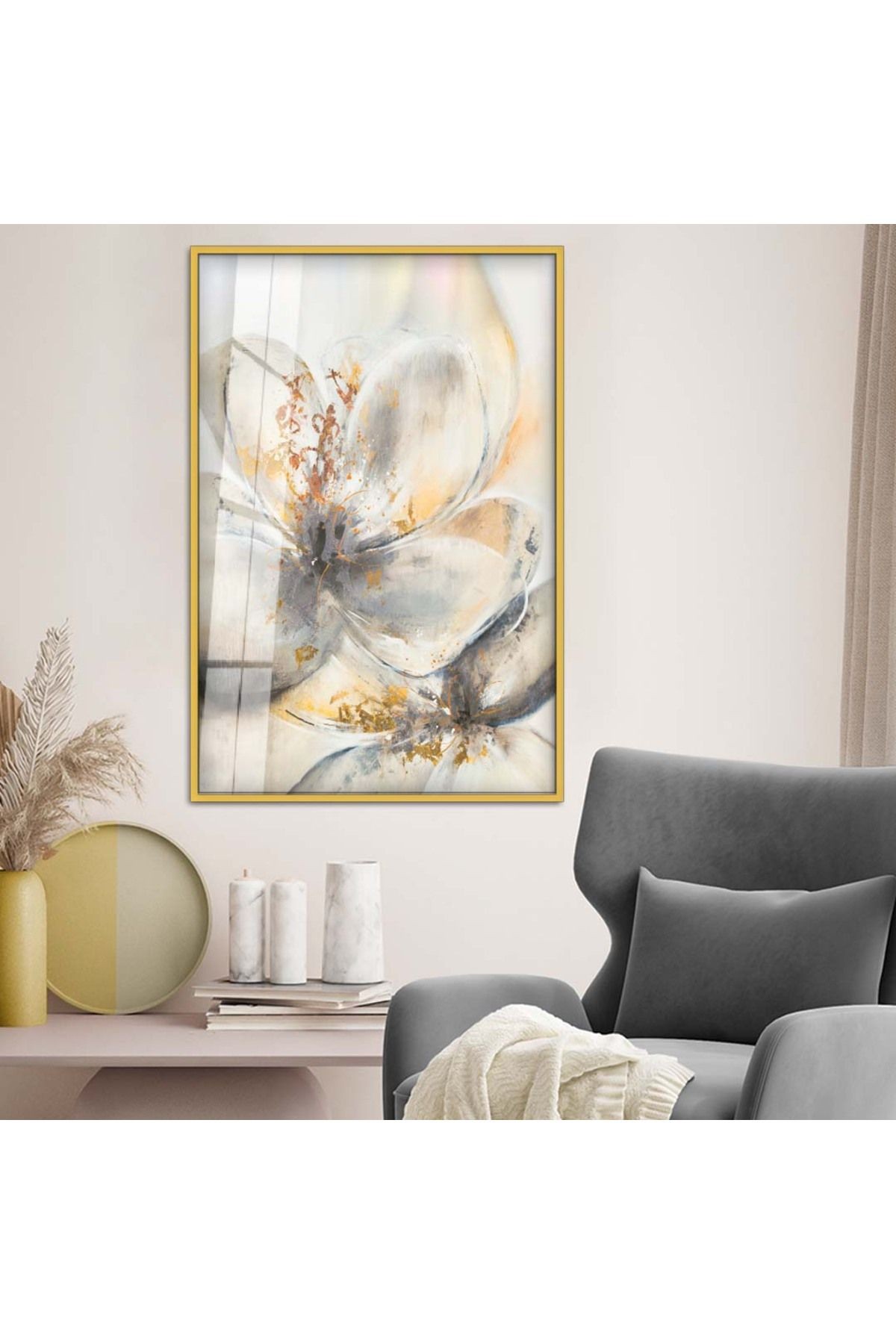 Gold Metal Çerçeveli Modern Çizim Çiçek Desen Kırılmaz Cam Tablo