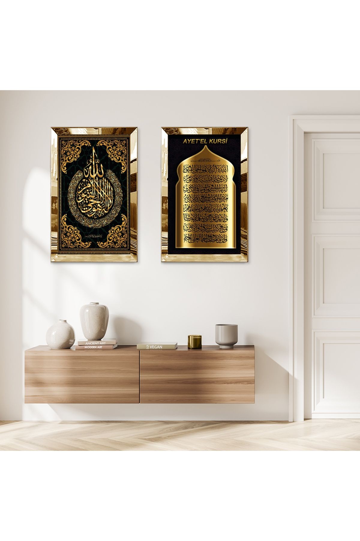 Gold Aynalı Pleksi Çerçeveli Dini Arapça Ayetel Kürsi Duası Ve Allah Lafzı Ikili Mdf Tablo