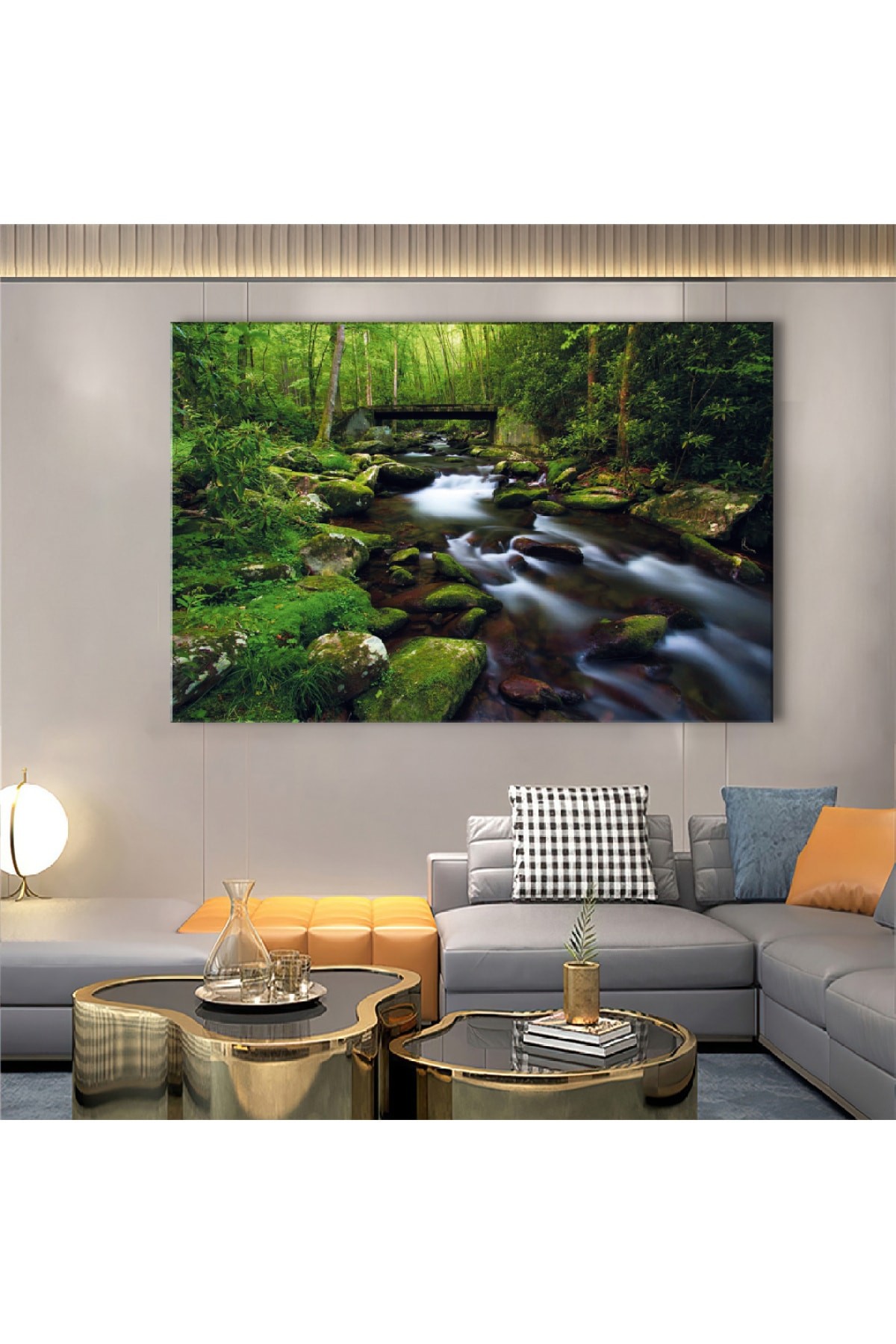 Akarsu Manzara Ahşap Şase Dijital Baskı Kanvas Tablo 120X80Cm