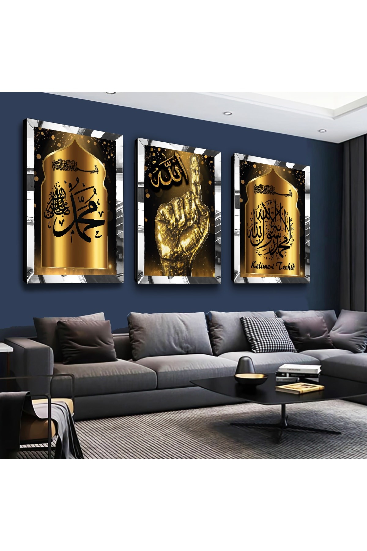 Kelime-İ Tevhid Gold Pleksi Kenar 3'Lü Solmaz MDF Tablo Seti