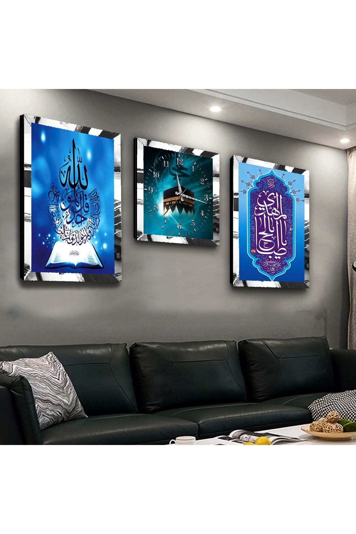 Allah Lafzı Ve Kabe Dini Pleksi Kenar Üçlü Mdf Tablo Seti Ve Saat Seti