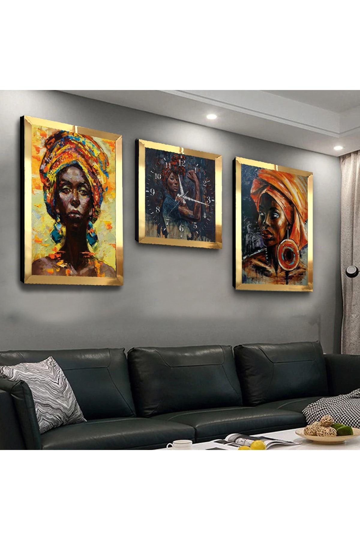 Gold Aynalı Pleksi Çerçeveli Afrikalı Kadınlar Üçlü Mdf Tablo Seti Ve Saat Seti