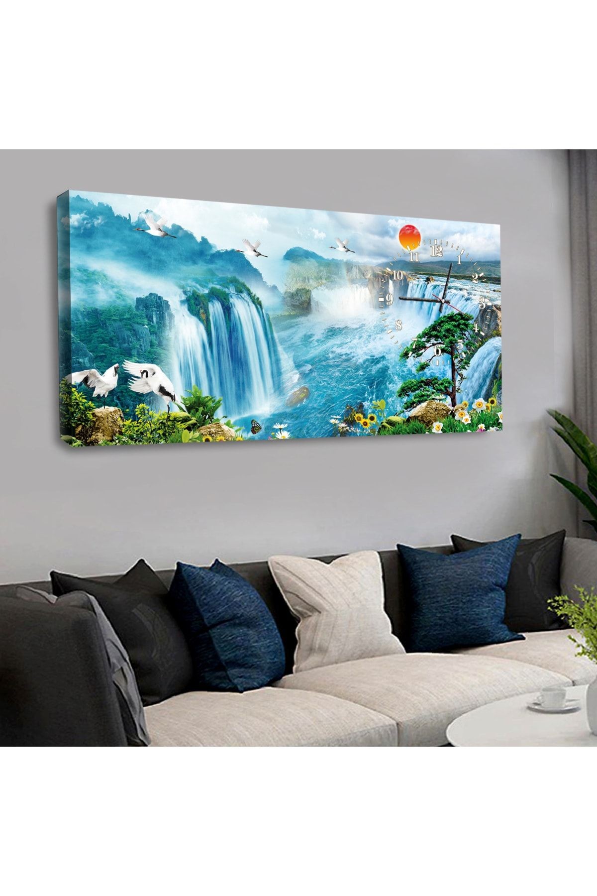 120 X 60 Saatli Kanvas Şelale Tablo