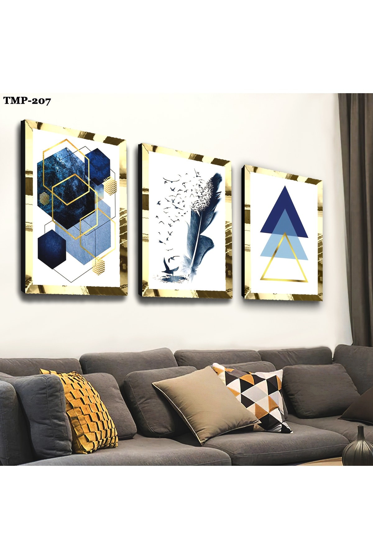 Salon Tablosu Mavi Renkli Gold Pleksili Saat Ve Solmaz MDF Tablo